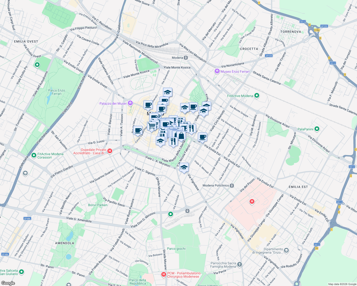map of restaurants, bars, coffee shops, grocery stores, and more near 87 Rua Pioppa in Modena