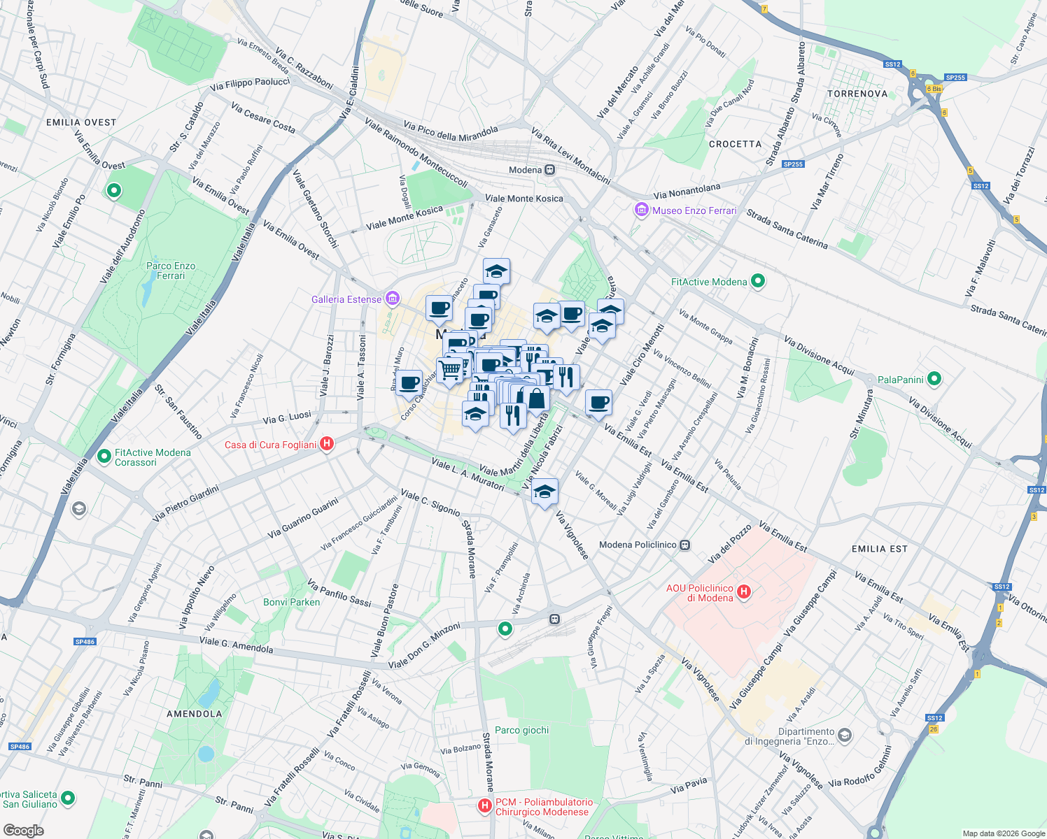 map of restaurants, bars, coffee shops, grocery stores, and more near 87 Rua Pioppa in Modena