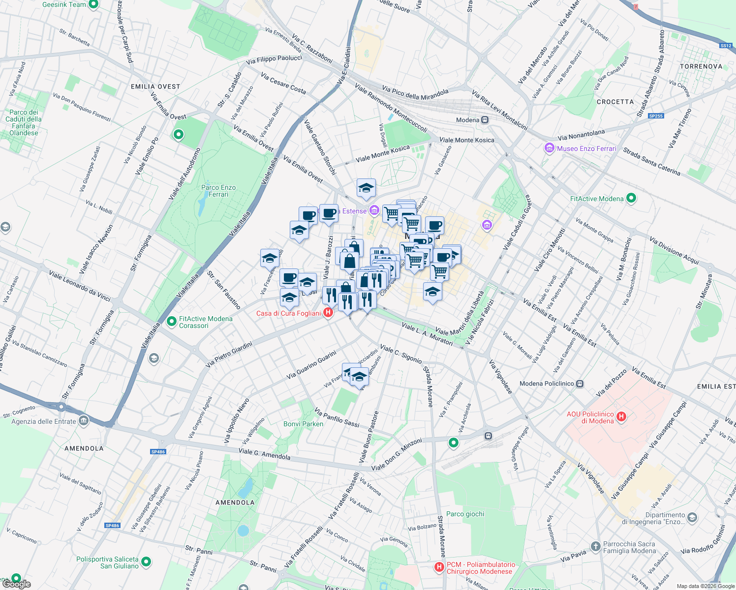 map of restaurants, bars, coffee shops, grocery stores, and more near 42 Calle di Luca in Modena