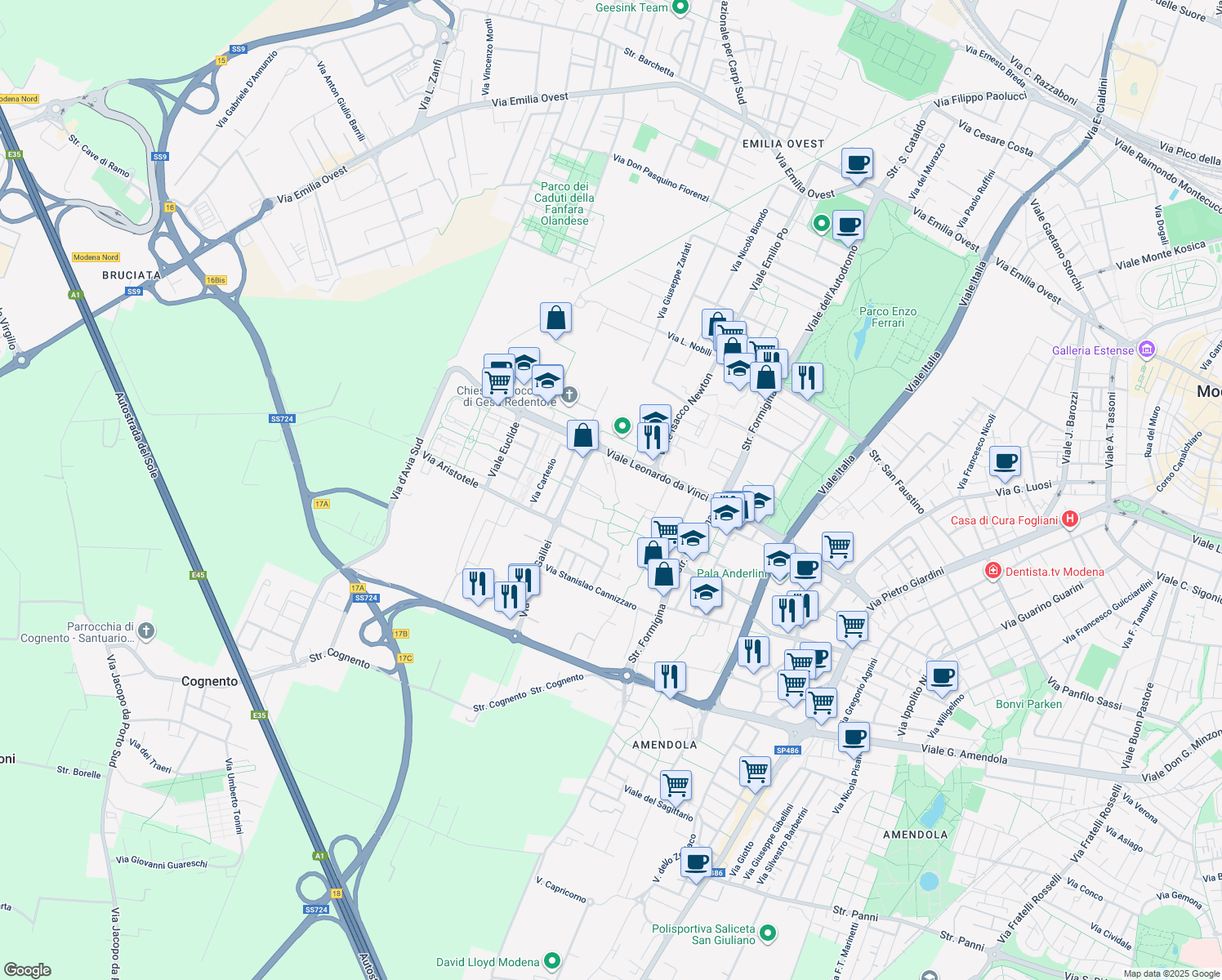 map of restaurants, bars, coffee shops, grocery stores, and more near 20 Via Edoardo Corsini in Modena