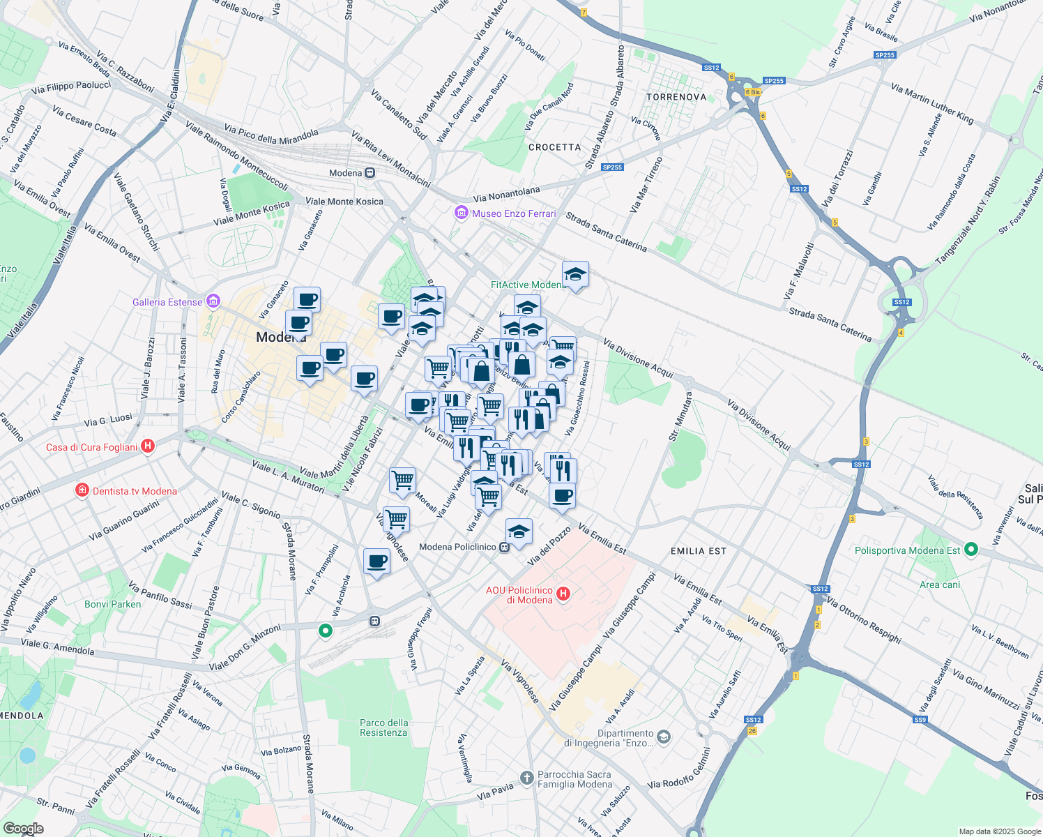 map of restaurants, bars, coffee shops, grocery stores, and more near 66-112 Via Arsenio Crespellani in Modena