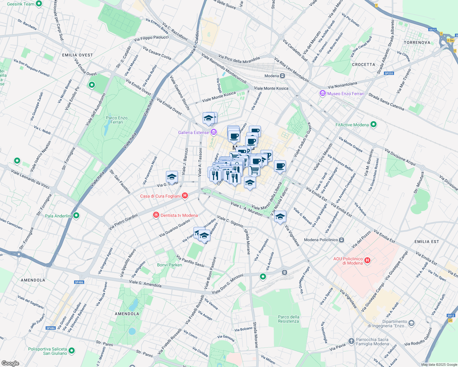 map of restaurants, bars, coffee shops, grocery stores, and more near 54 Via San Paolo in Modena
