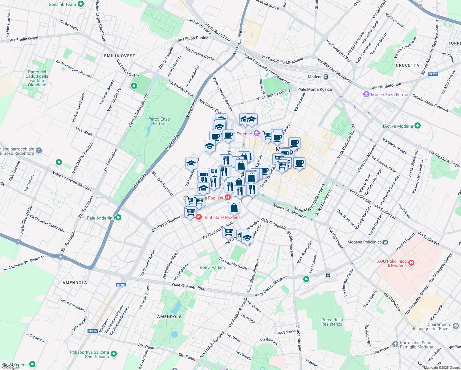 map of restaurants, bars, coffee shops, grocery stores, and more near 140 Via Pietro Giardini in Modena