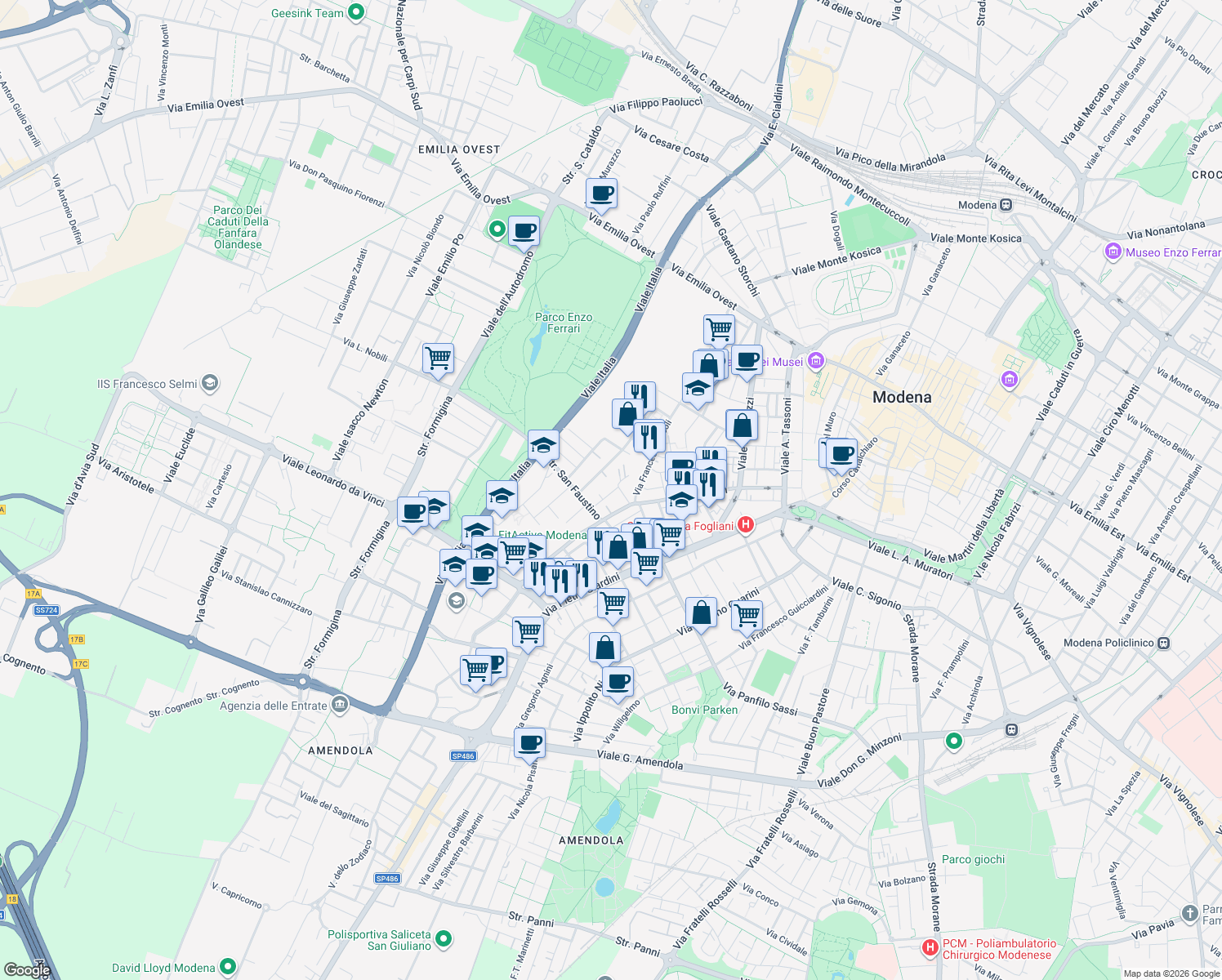 map of restaurants, bars, coffee shops, grocery stores, and more near 6 Via Francesco Stringa in Modena