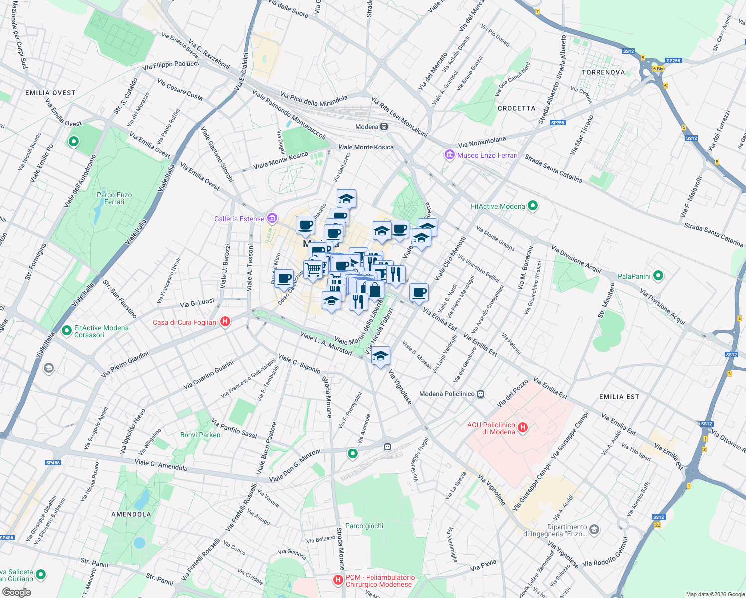 map of restaurants, bars, coffee shops, grocery stores, and more near 87 Rua Pioppa in Modena