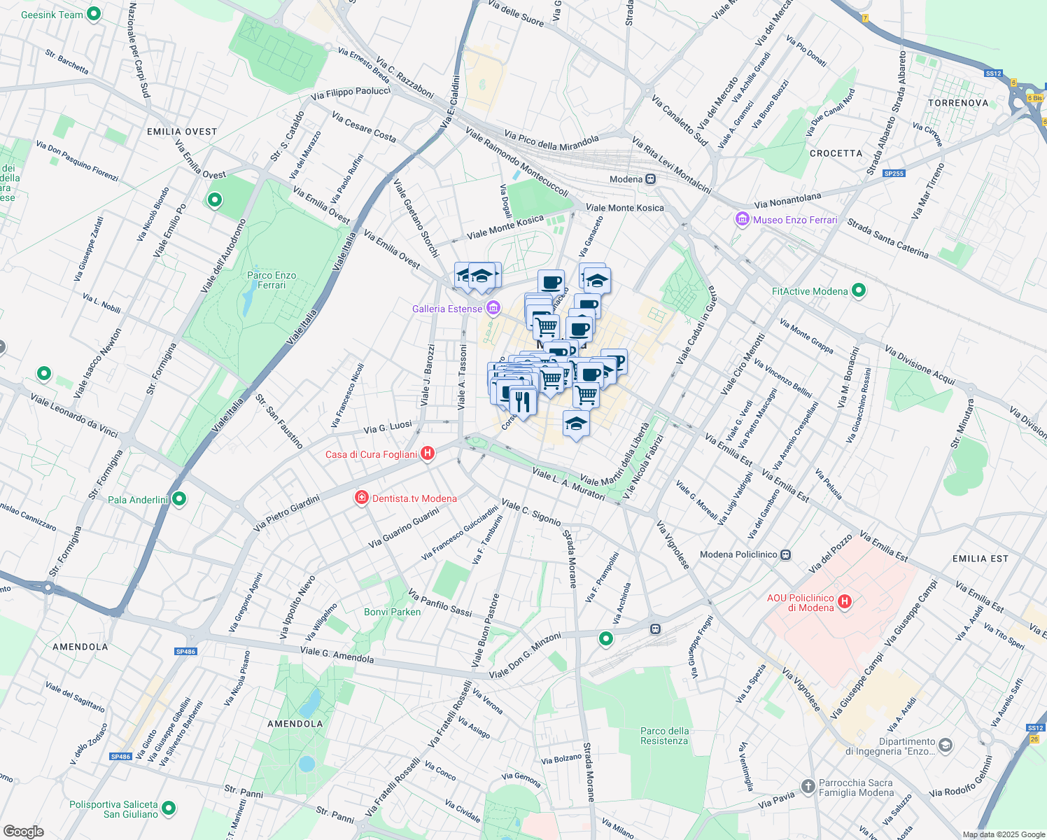 map of restaurants, bars, coffee shops, grocery stores, and more near 54 Via San Paolo in Modena