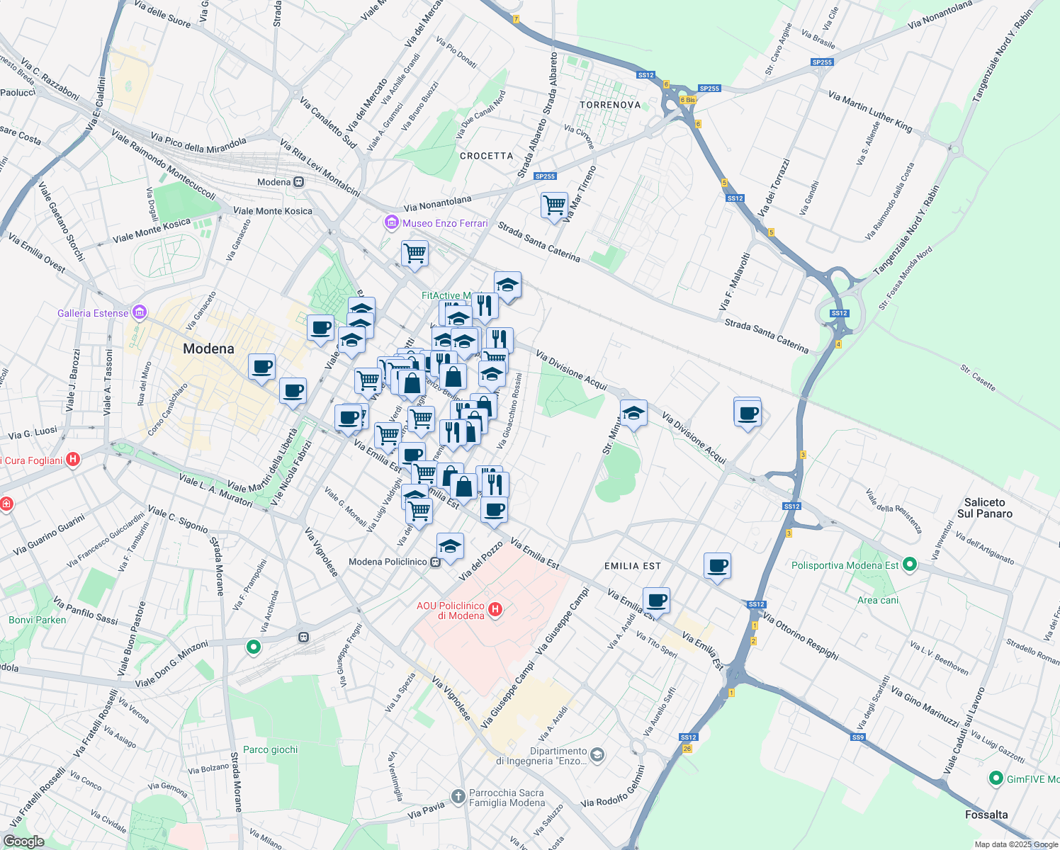 map of restaurants, bars, coffee shops, grocery stores, and more near 221 Via Gian Battista Pergolesi in Modena
