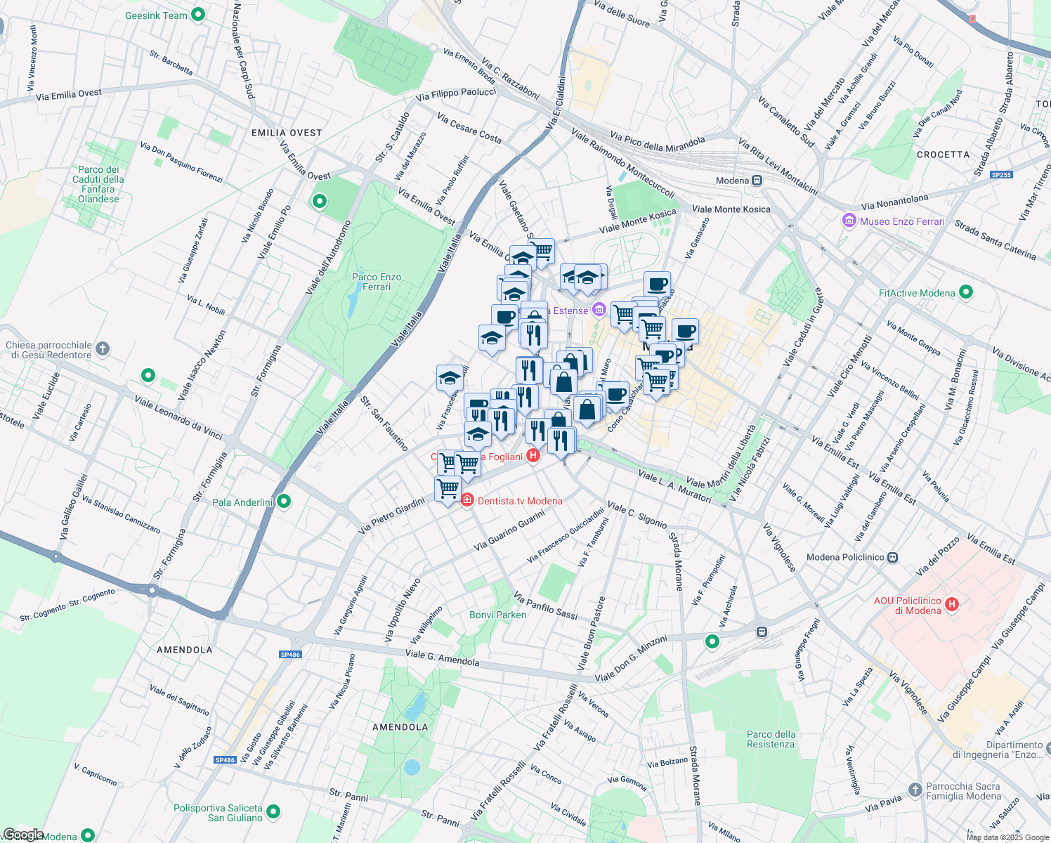 map of restaurants, bars, coffee shops, grocery stores, and more near 42 Via Fulvio Testi in Modena