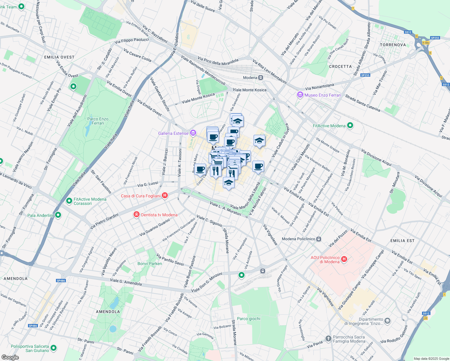 map of restaurants, bars, coffee shops, grocery stores, and more near 5 Via Mondatora in Modena