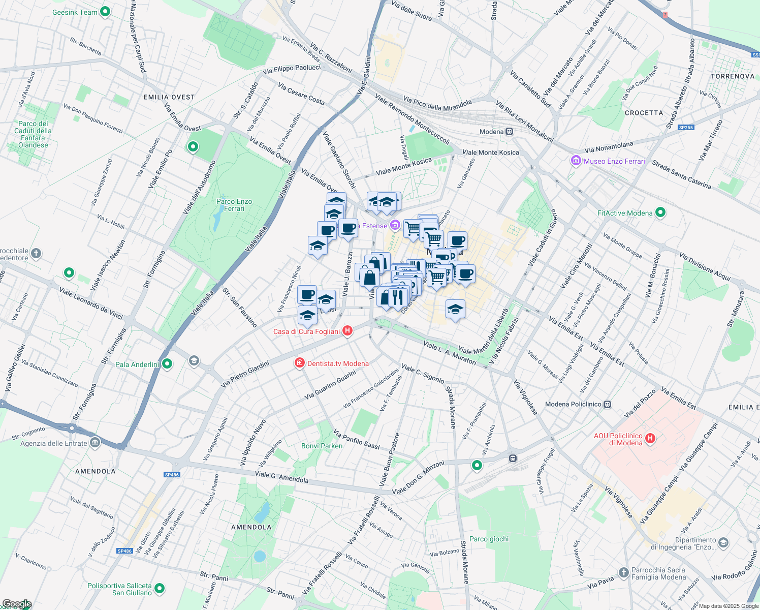 map of restaurants, bars, coffee shops, grocery stores, and more near 72 Viale Vittorio Veneto in Modena