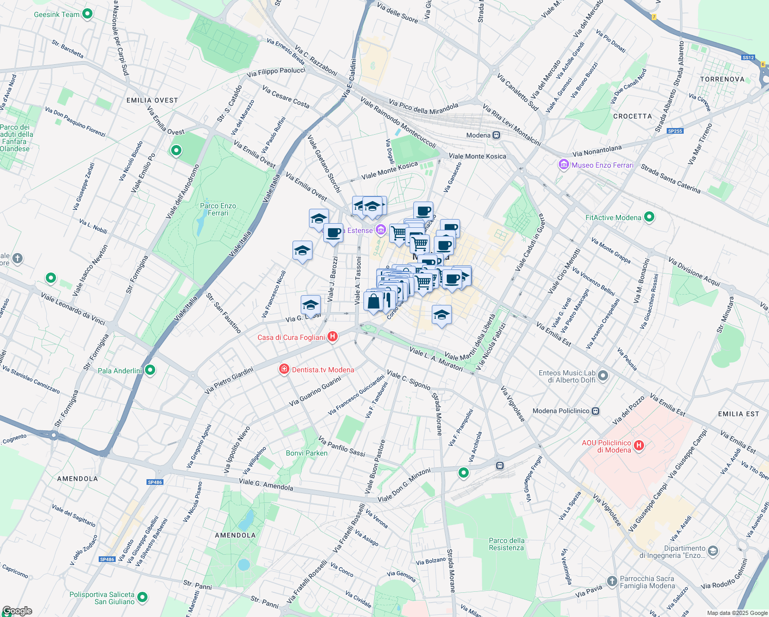 map of restaurants, bars, coffee shops, grocery stores, and more near 23 Rua Freda in Modena