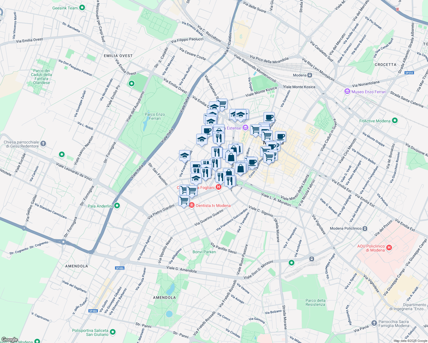 map of restaurants, bars, coffee shops, grocery stores, and more near 42 Via Fulvio Testi in Modena