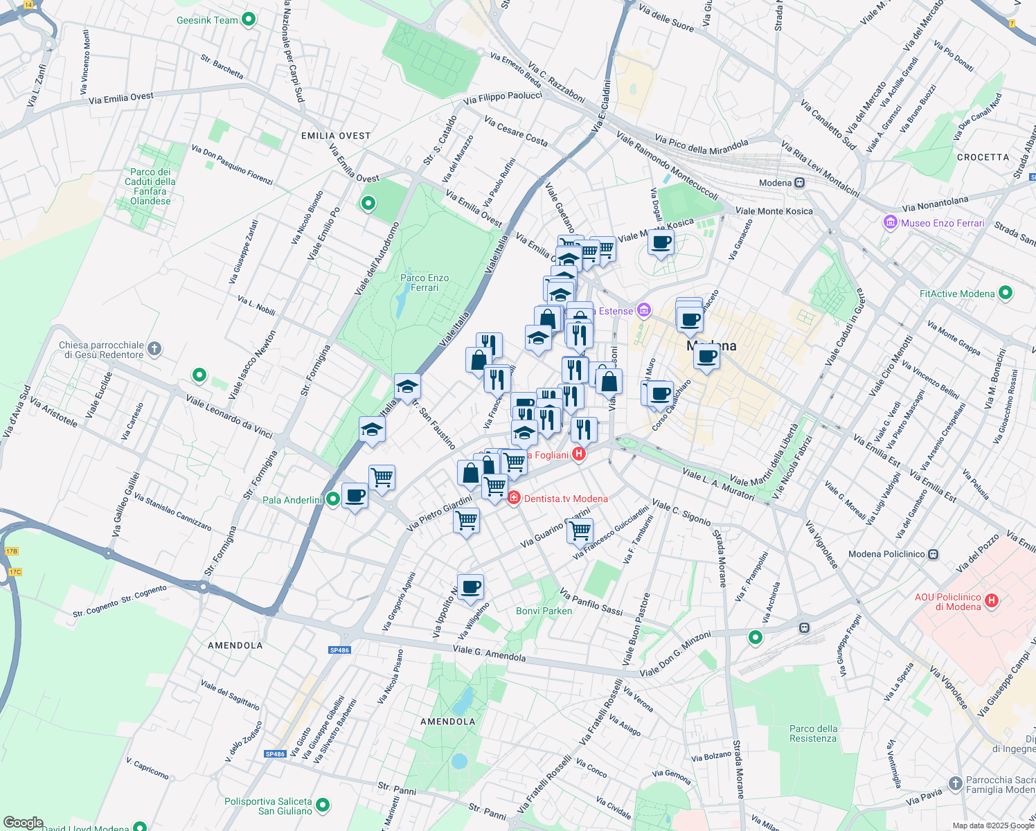 map of restaurants, bars, coffee shops, grocery stores, and more near 52 Via Samuele Morse in Modena