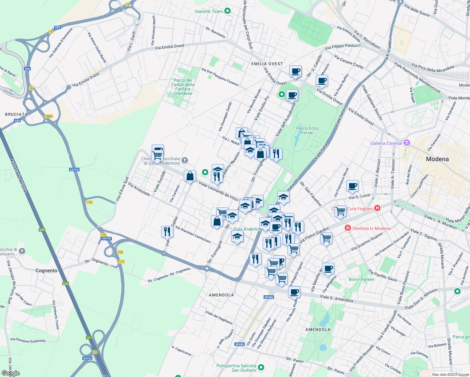 map of restaurants, bars, coffee shops, grocery stores, and more near 64 Via Claudio Galeno in Modena