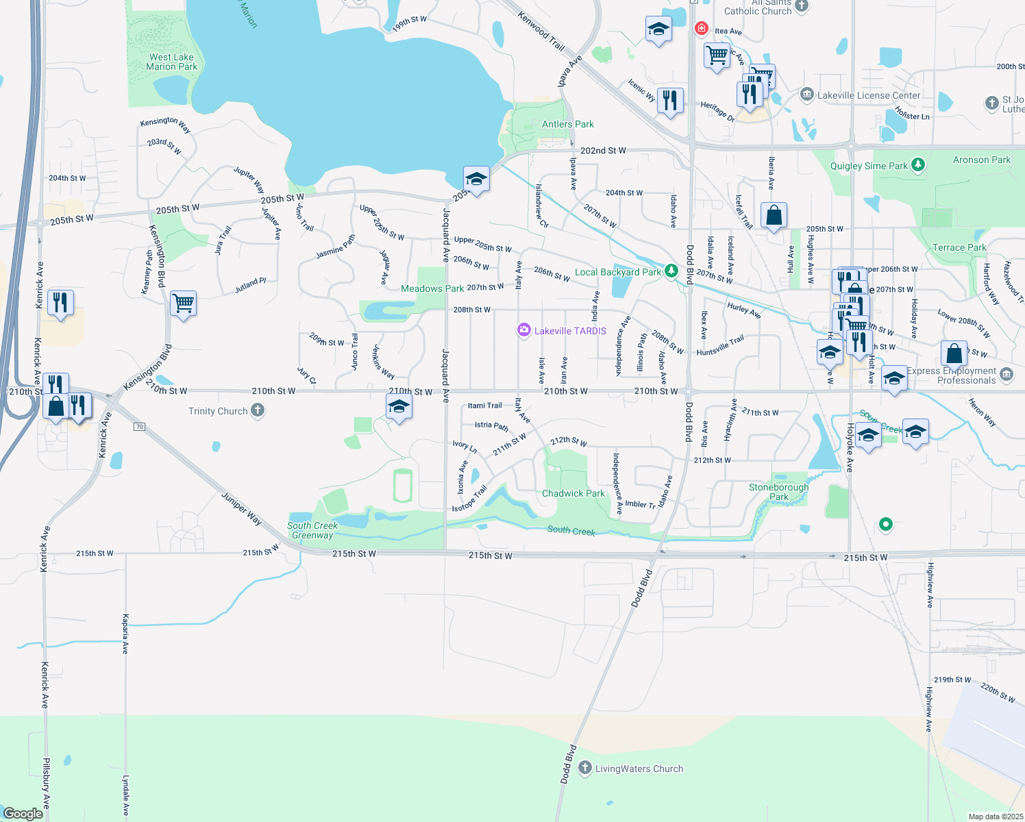 map of restaurants, bars, coffee shops, grocery stores, and more near 21053 Italy Avenue in Lakeville