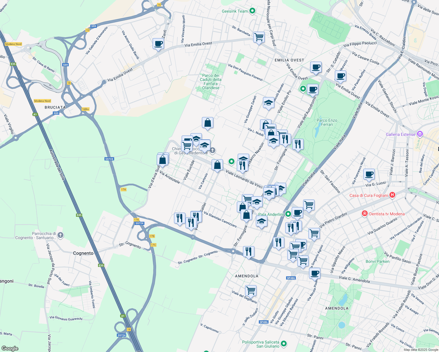 map of restaurants, bars, coffee shops, grocery stores, and more near 11 Via Galileo Galilei in Modena