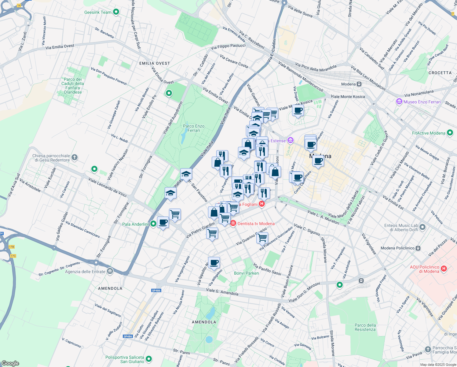 map of restaurants, bars, coffee shops, grocery stores, and more near 52 Via Samuele Morse in Modena