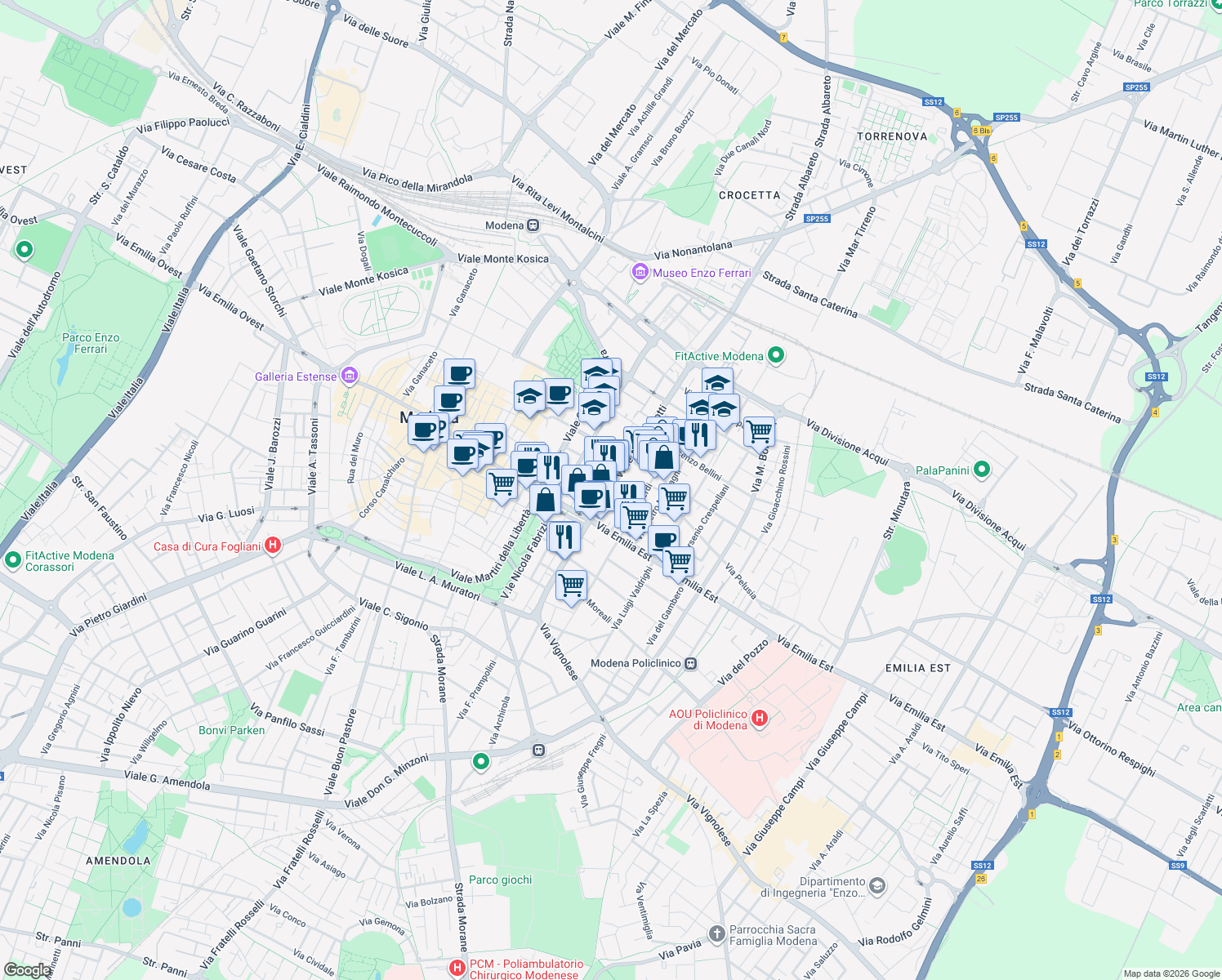 map of restaurants, bars, coffee shops, grocery stores, and more near 70 Viale Ciro Menotti in Modena