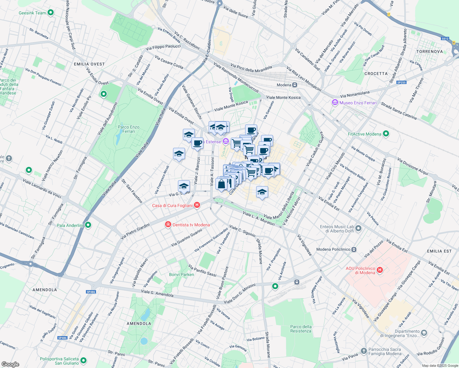 map of restaurants, bars, coffee shops, grocery stores, and more near 23 Rua Freda in Modena