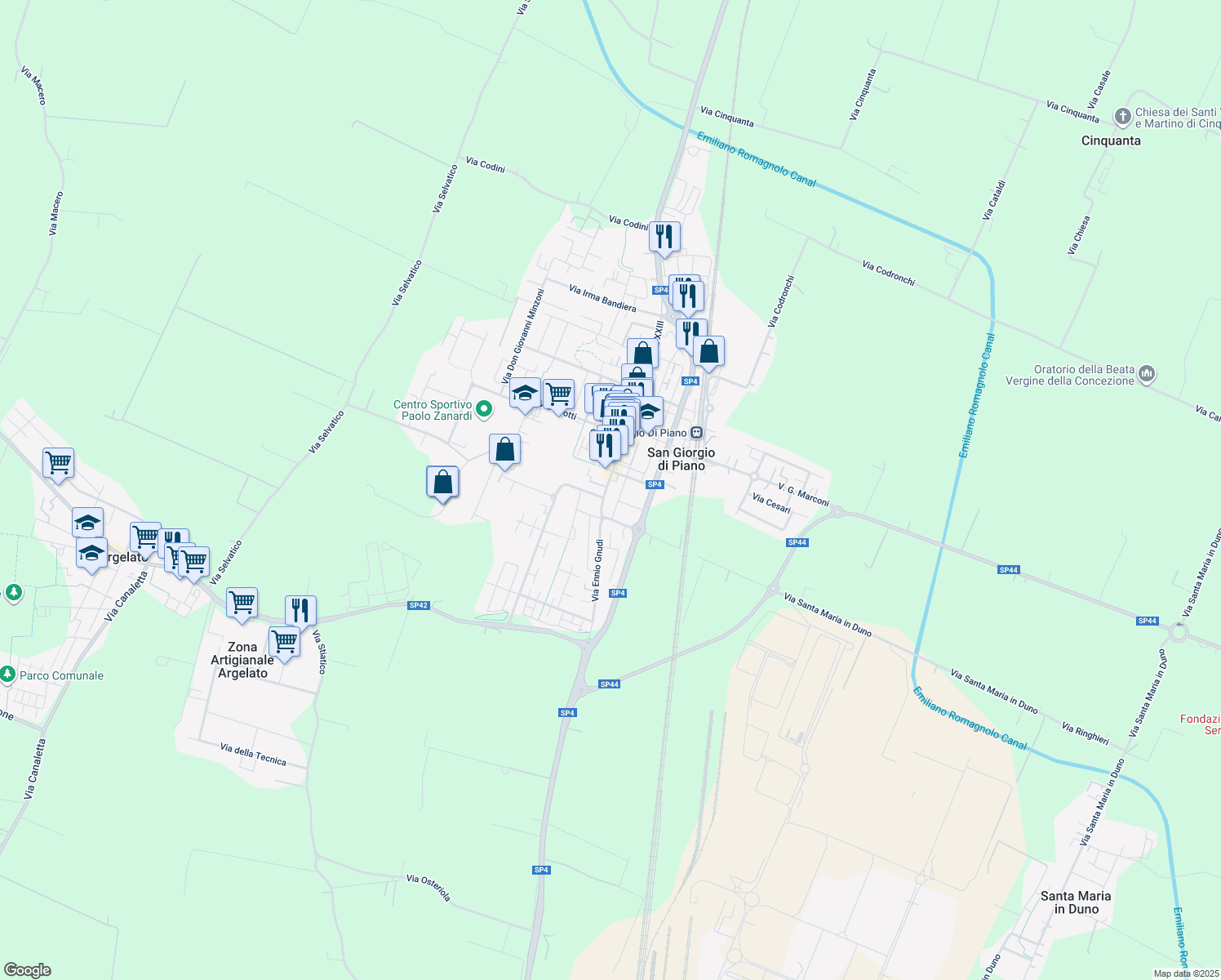 map of restaurants, bars, coffee shops, grocery stores, and more near 16 Via G. Matteotti in San Giorgio di Piano