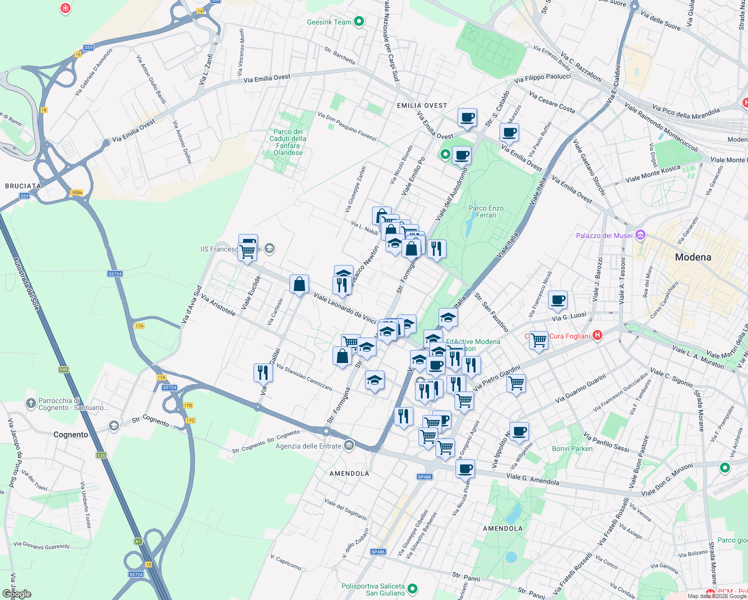 map of restaurants, bars, coffee shops, grocery stores, and more near 64 Via Claudio Galeno in Modena