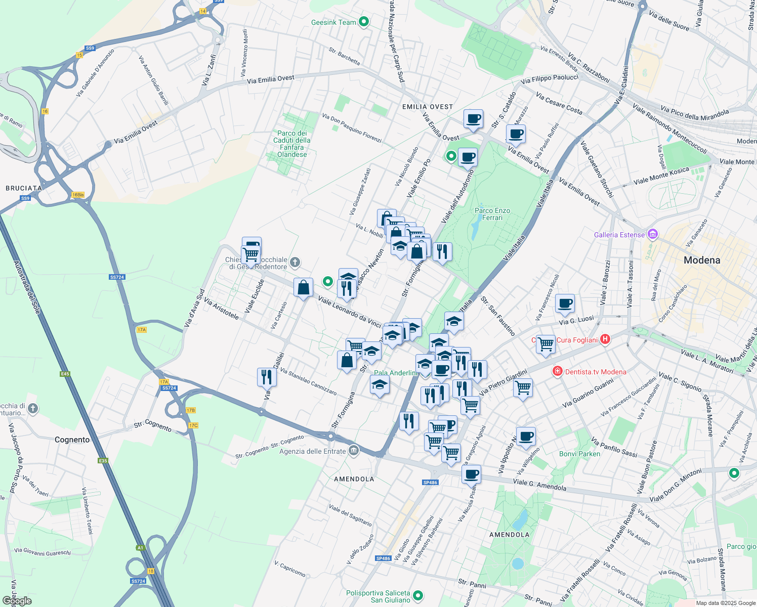 map of restaurants, bars, coffee shops, grocery stores, and more near 64 Via Claudio Galeno in Modena