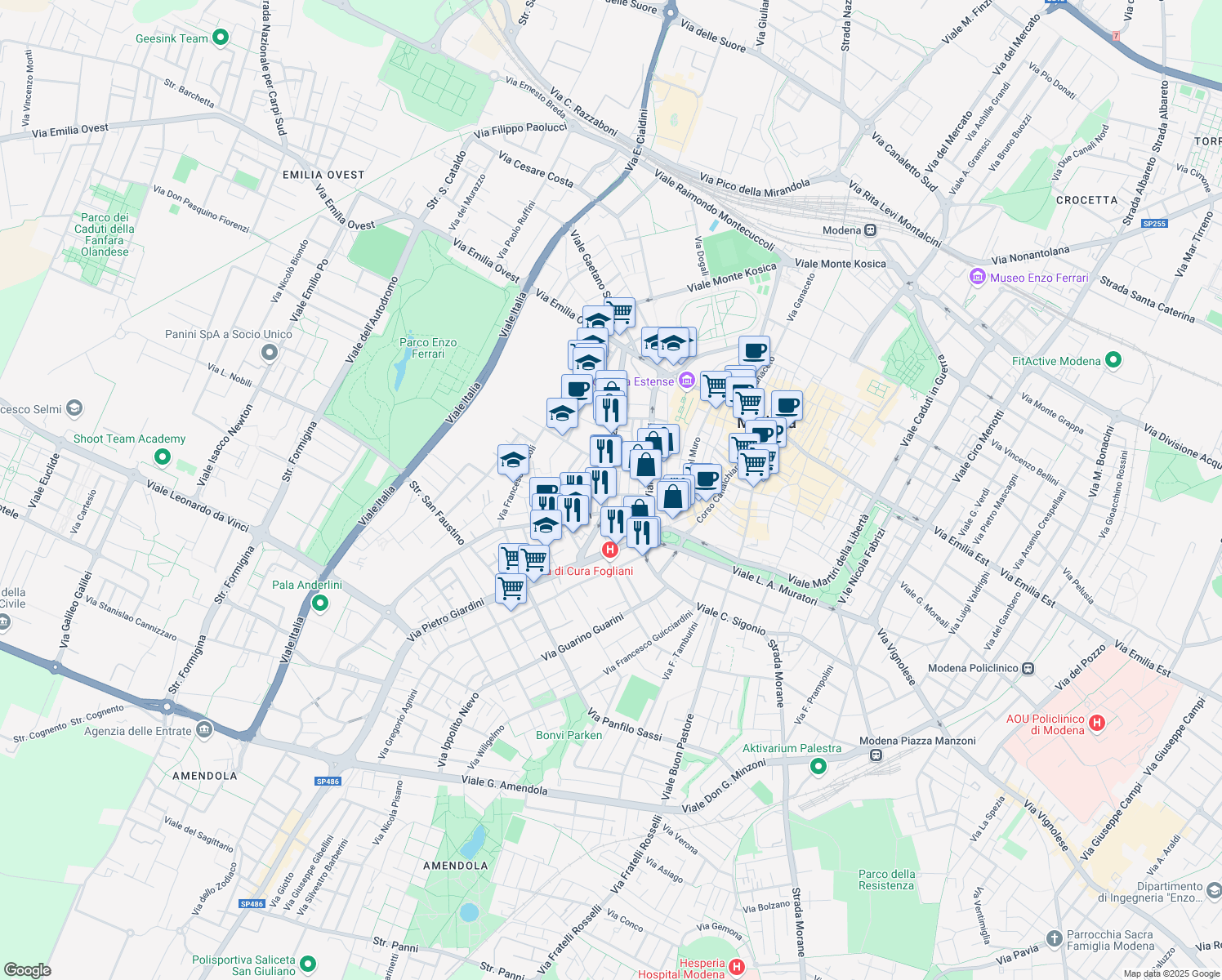 map of restaurants, bars, coffee shops, grocery stores, and more near 42 Via Fulvio Testi in Modena