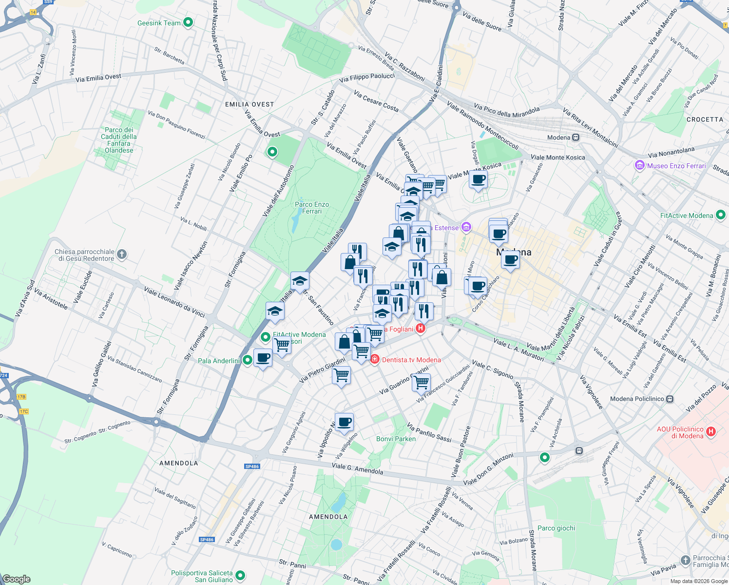 map of restaurants, bars, coffee shops, grocery stores, and more near 52 Via Samuele Morse in Modena