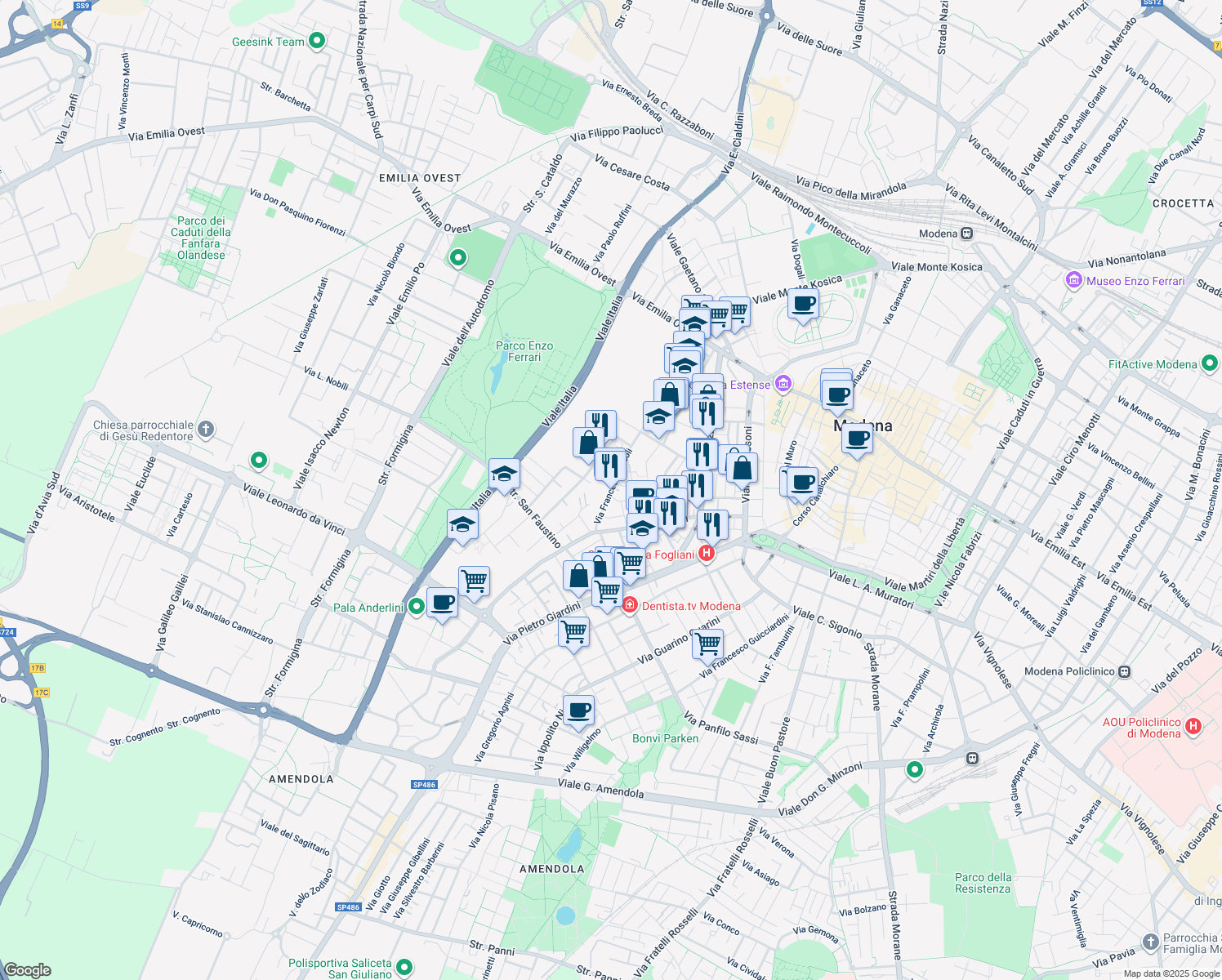 map of restaurants, bars, coffee shops, grocery stores, and more near 152 Via Francesco Nicoli in Modena