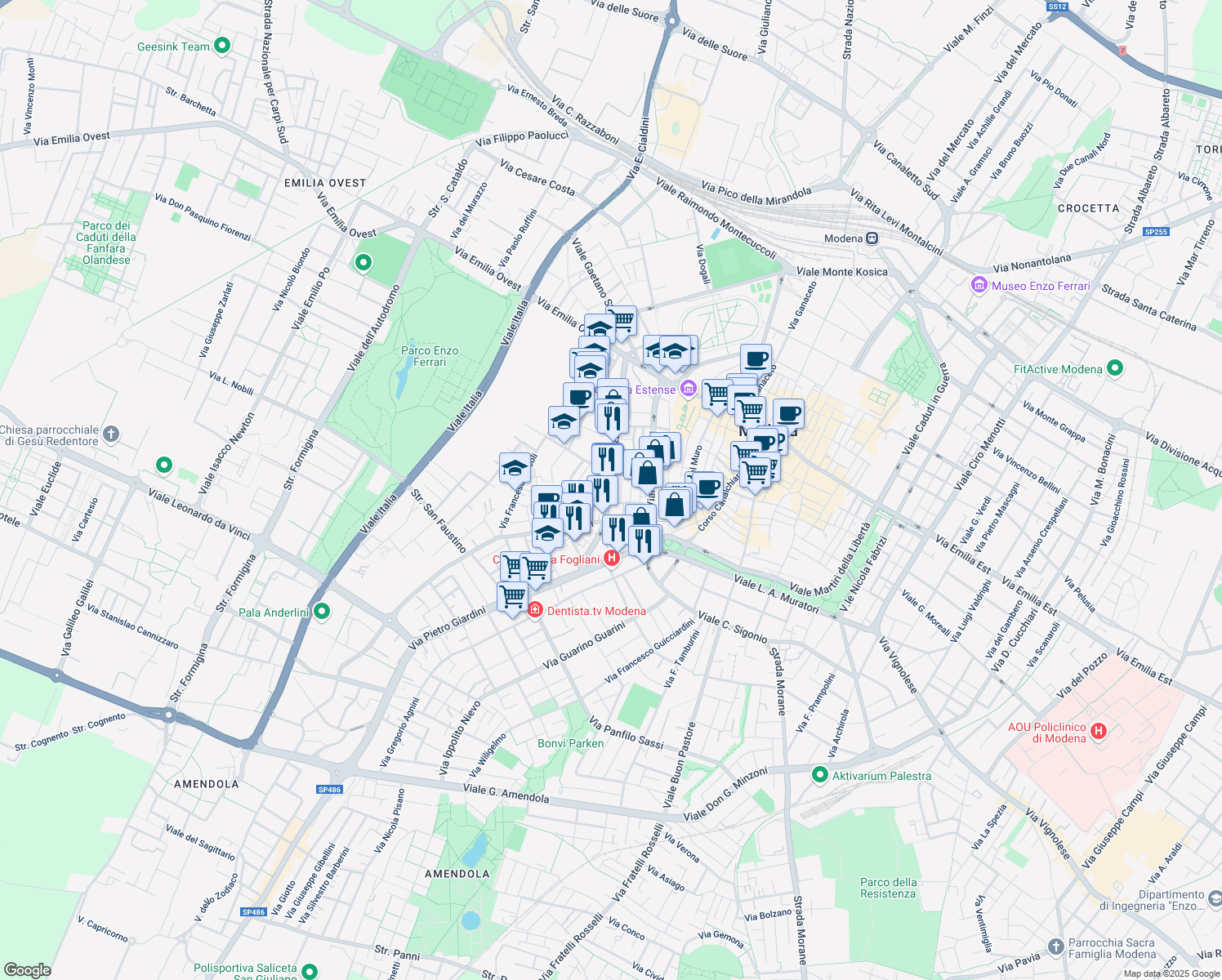 map of restaurants, bars, coffee shops, grocery stores, and more near 42 Via Fulvio Testi in Modena