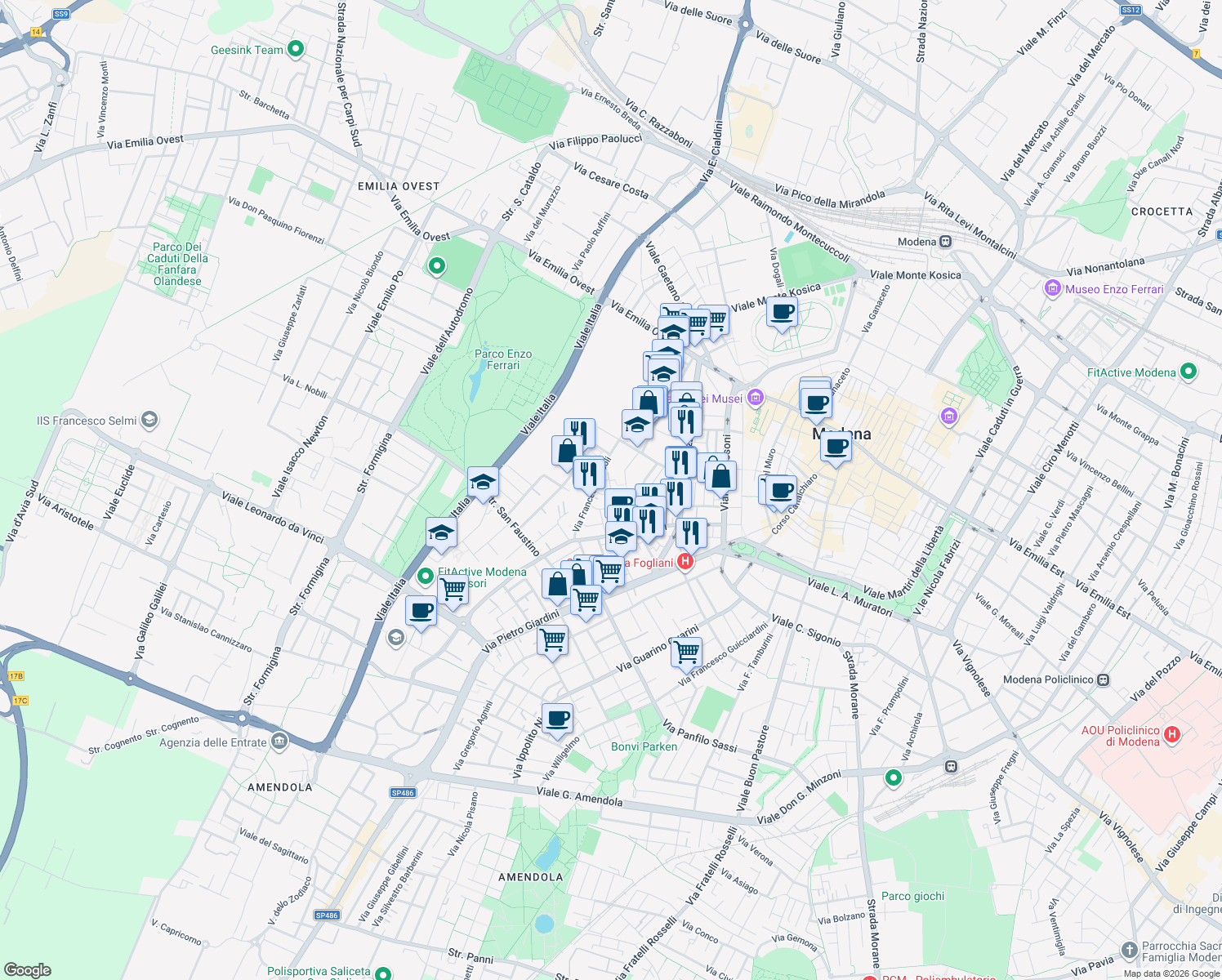 map of restaurants, bars, coffee shops, grocery stores, and more near 52 Via Samuele Morse in Modena