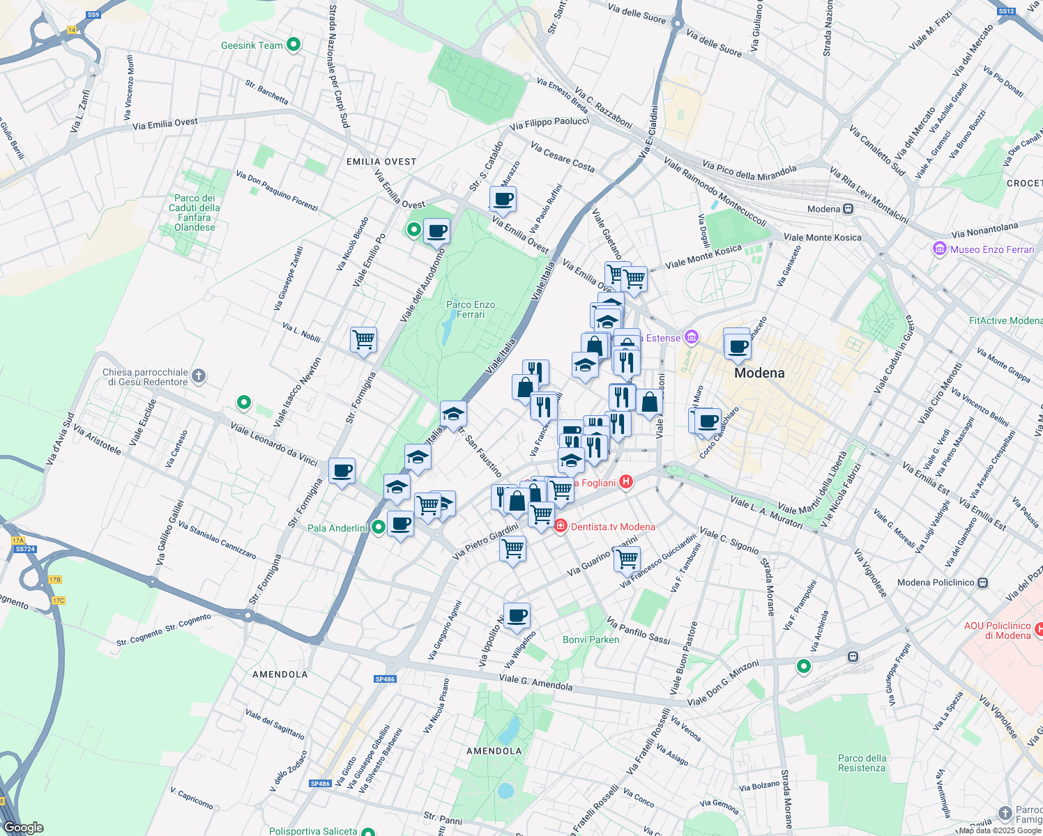map of restaurants, bars, coffee shops, grocery stores, and more near 152 Via Francesco Nicoli in Modena