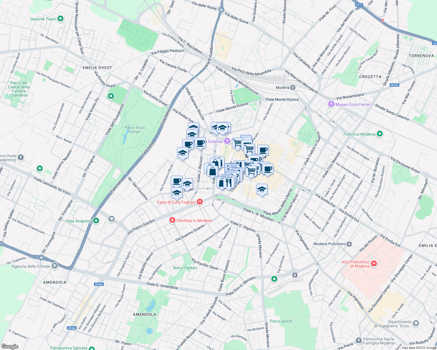map of restaurants, bars, coffee shops, grocery stores, and more near 72 Viale Vittorio Veneto in Modena