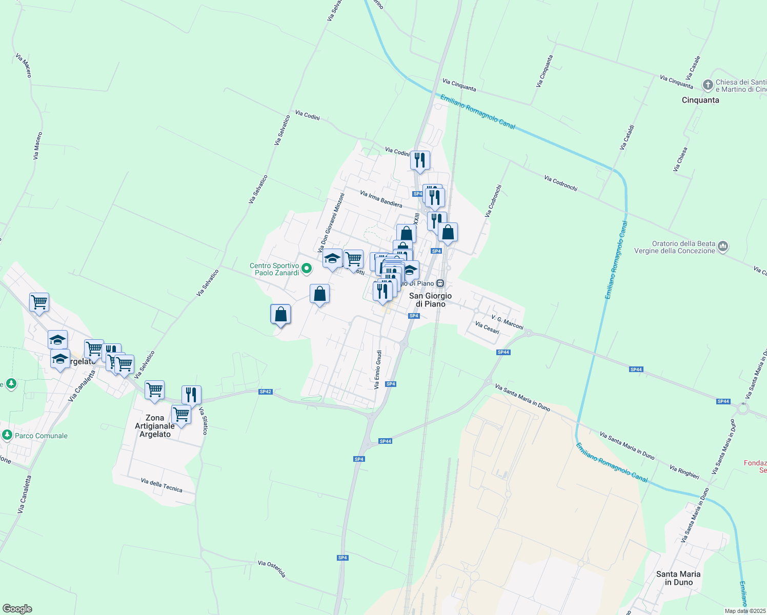 map of restaurants, bars, coffee shops, grocery stores, and more near 16 Via Giacomo Matteotti in San Giorgio di Piano