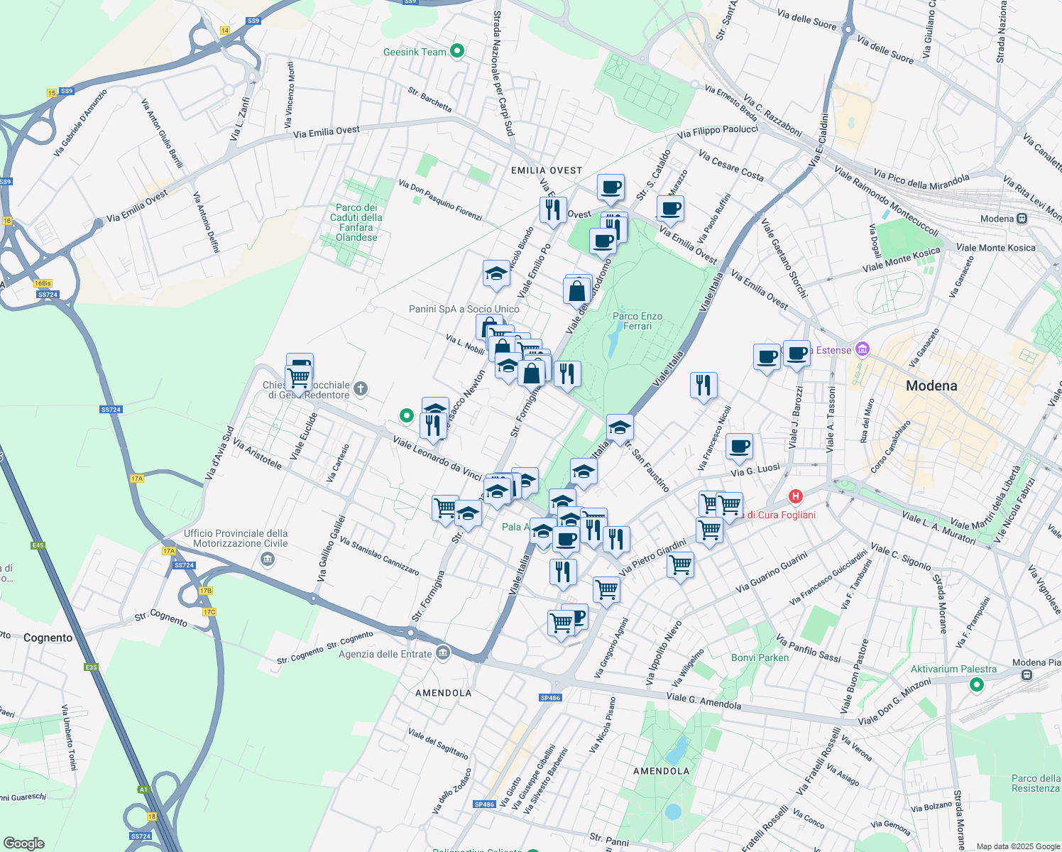 map of restaurants, bars, coffee shops, grocery stores, and more near 35 Strada Formigina in Modena