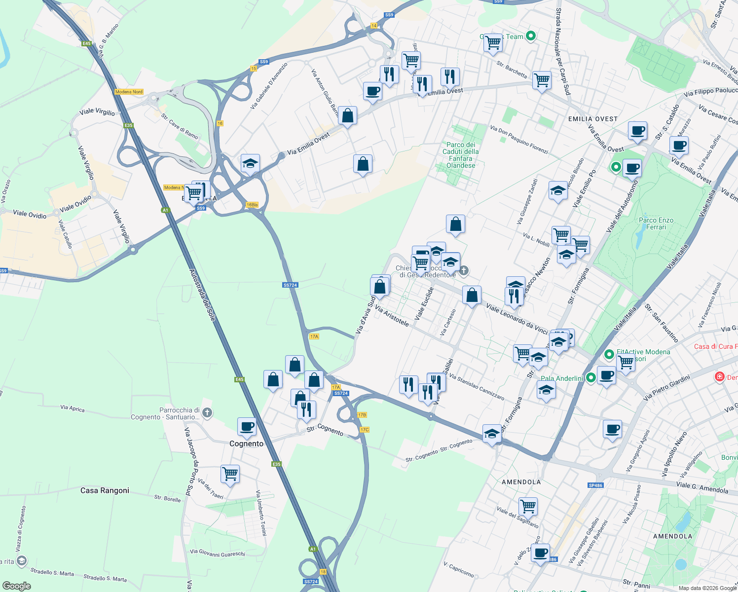 map of restaurants, bars, coffee shops, grocery stores, and more near 10 Strada Fonte San Geminiano Est in Modena