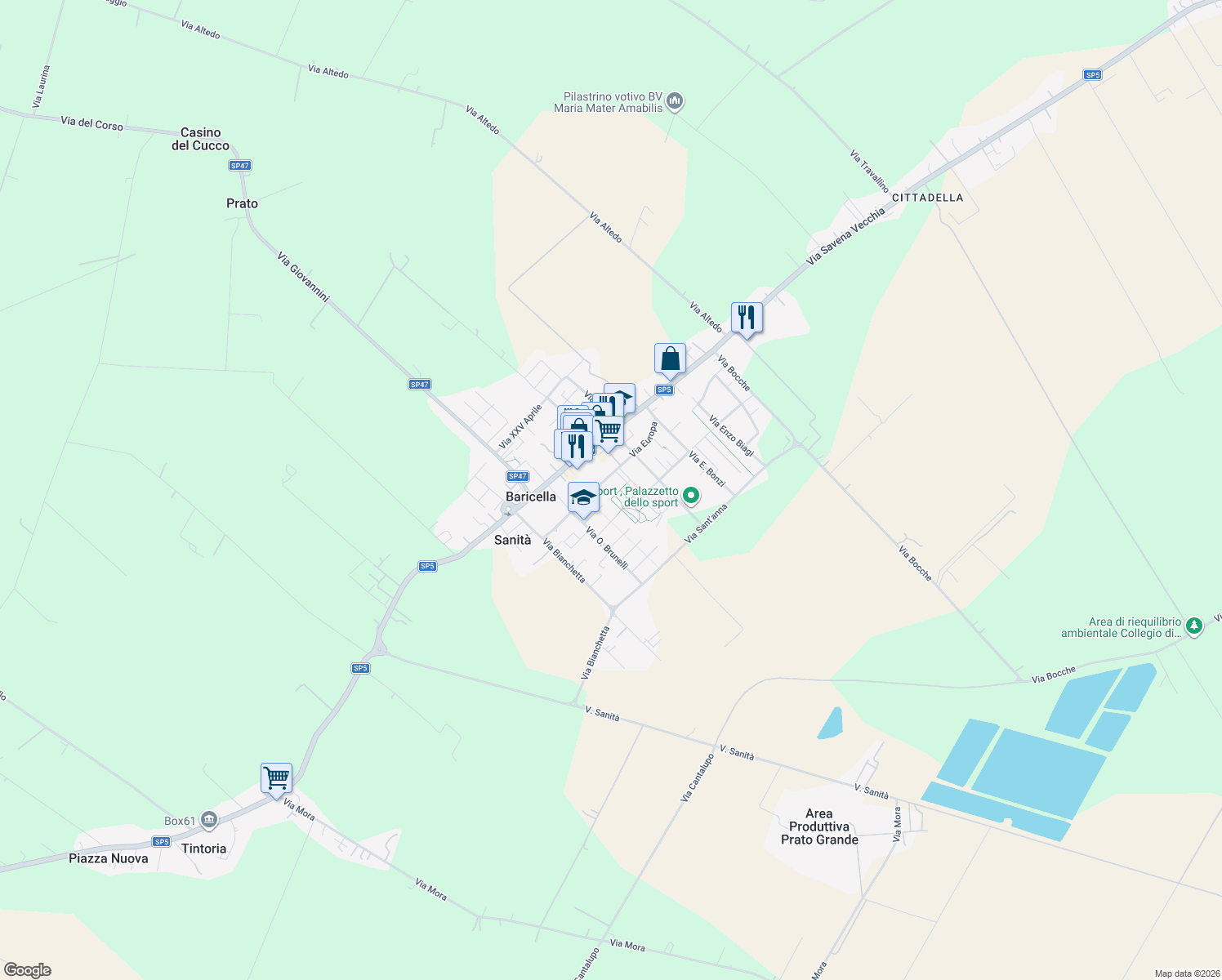 map of restaurants, bars, coffee shops, grocery stores, and more near 14 Viale Europa in Bologna