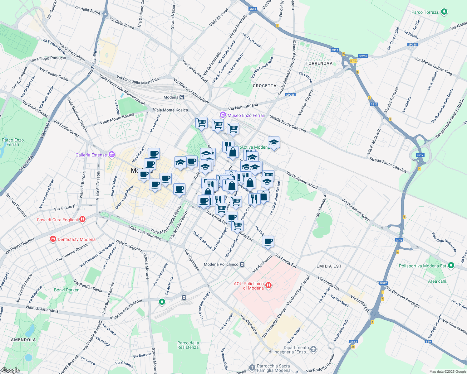 map of restaurants, bars, coffee shops, grocery stores, and more near 31 Viale Vincenzo Bellini in Modena