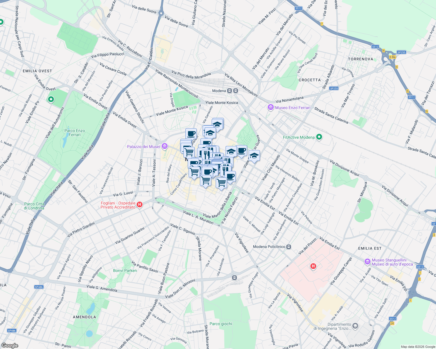 map of restaurants, bars, coffee shops, grocery stores, and more near 76 Via Emilia Centro in Modena