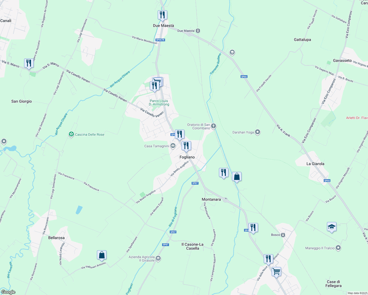 map of restaurants, bars, coffee shops, grocery stores, and more near 20 Via William Bertoni in Fogliano