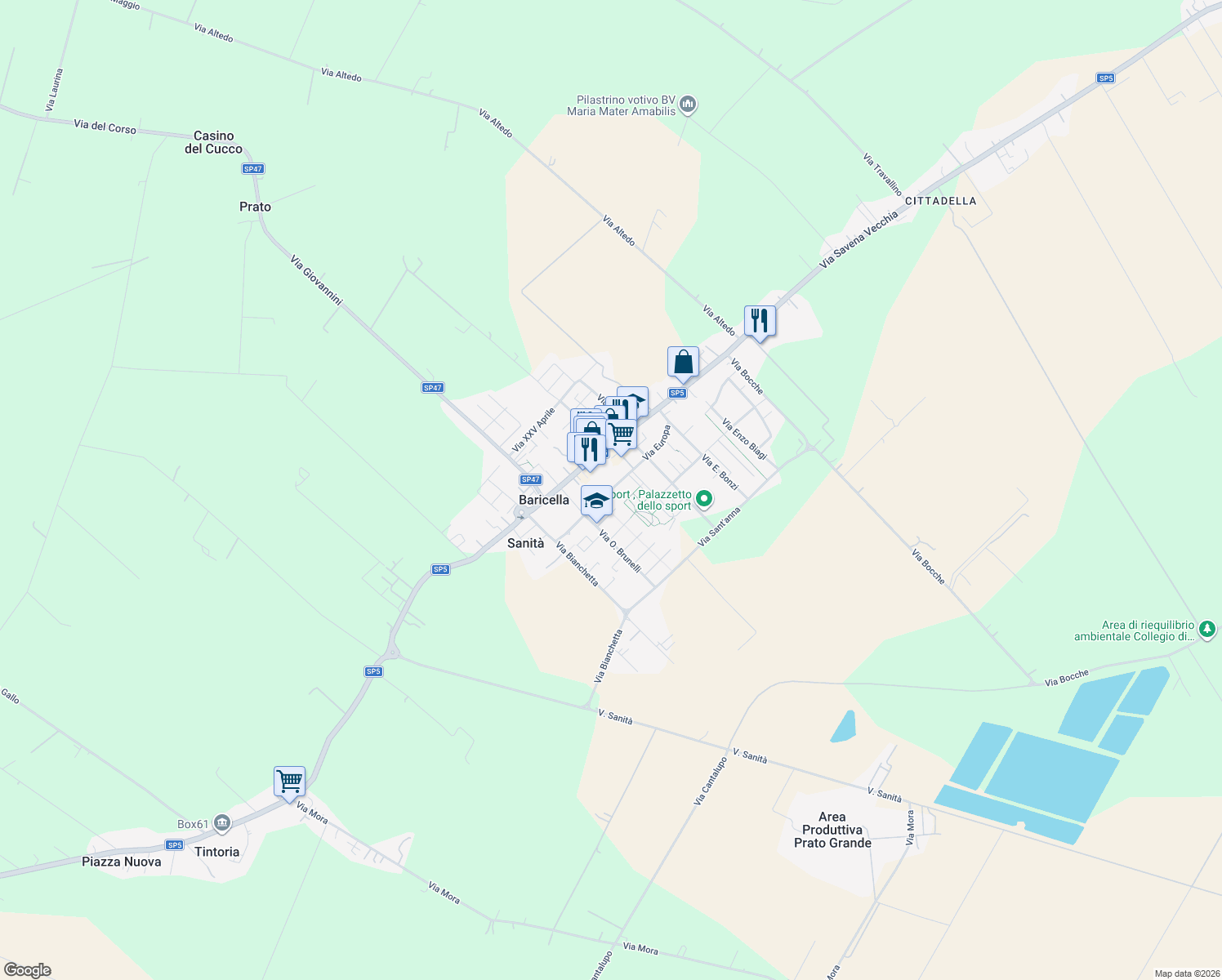 map of restaurants, bars, coffee shops, grocery stores, and more near 14 Via Europa in Città Metropolitana di Bologna