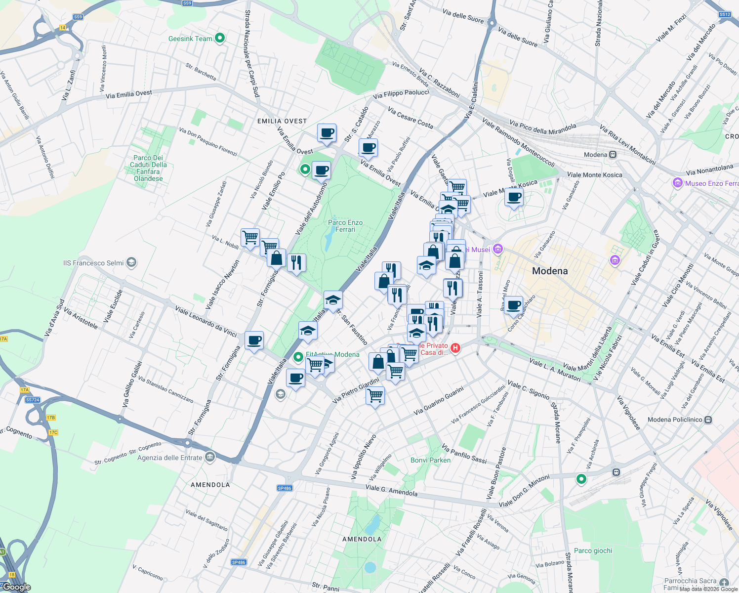 map of restaurants, bars, coffee shops, grocery stores, and more near 125 Via Bartolomeo Bonasia in Modena