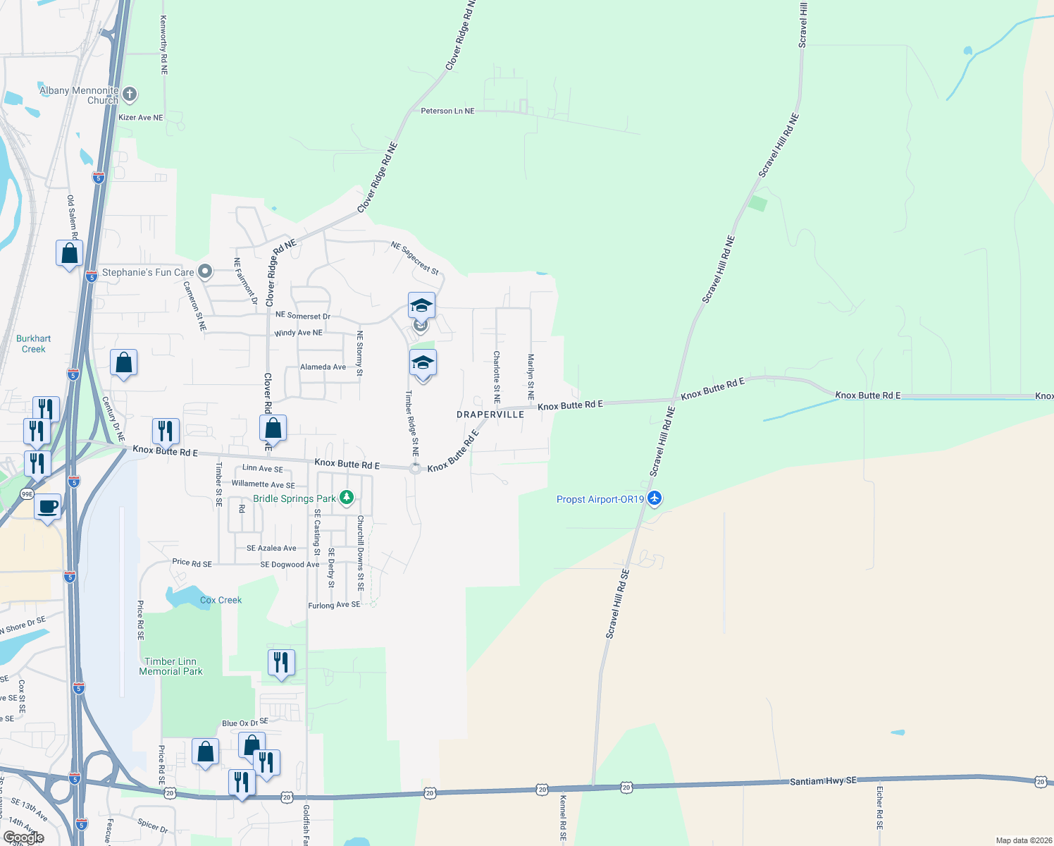 map of restaurants, bars, coffee shops, grocery stores, and more near 4710 Knox Butte Road East in Albany