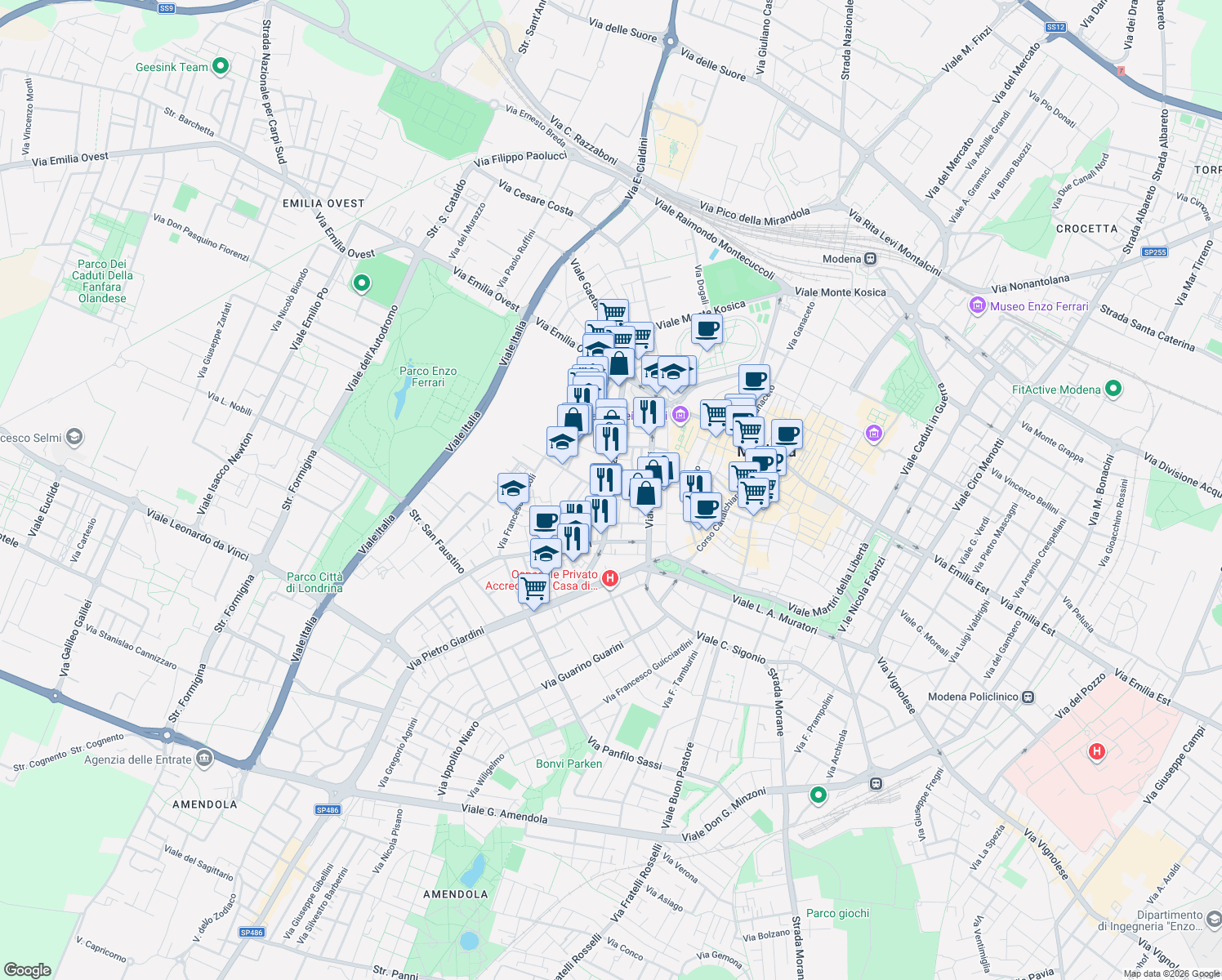 map of restaurants, bars, coffee shops, grocery stores, and more near 152-200 Viale Jacopo Barozzi in Modena