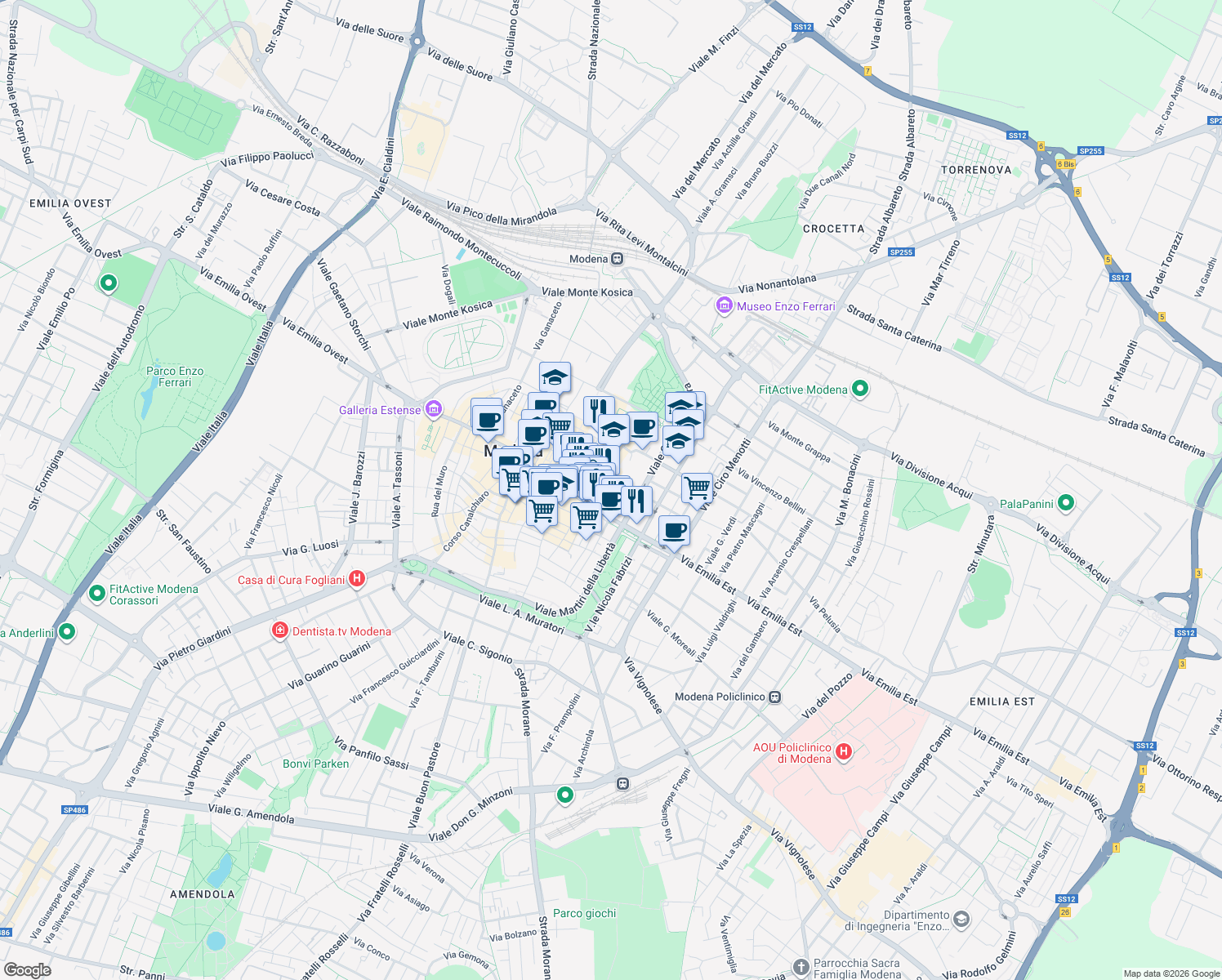 map of restaurants, bars, coffee shops, grocery stores, and more near 27-43 Via delle Carmelitane Scalze in Modena