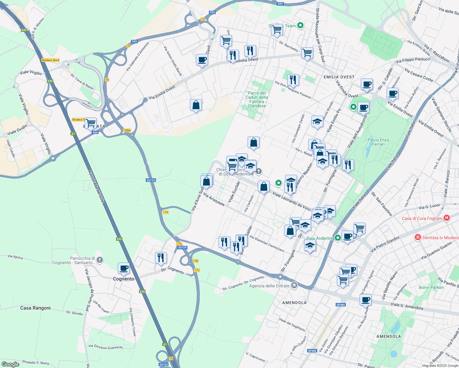 map of restaurants, bars, coffee shops, grocery stores, and more near Via Antonio Pignedoli in Modena