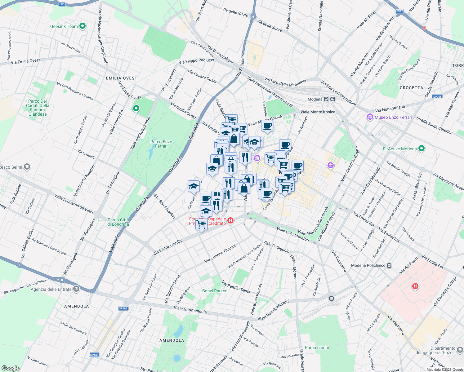 map of restaurants, bars, coffee shops, grocery stores, and more near 152-200 Viale Jacopo Barozzi in Modena