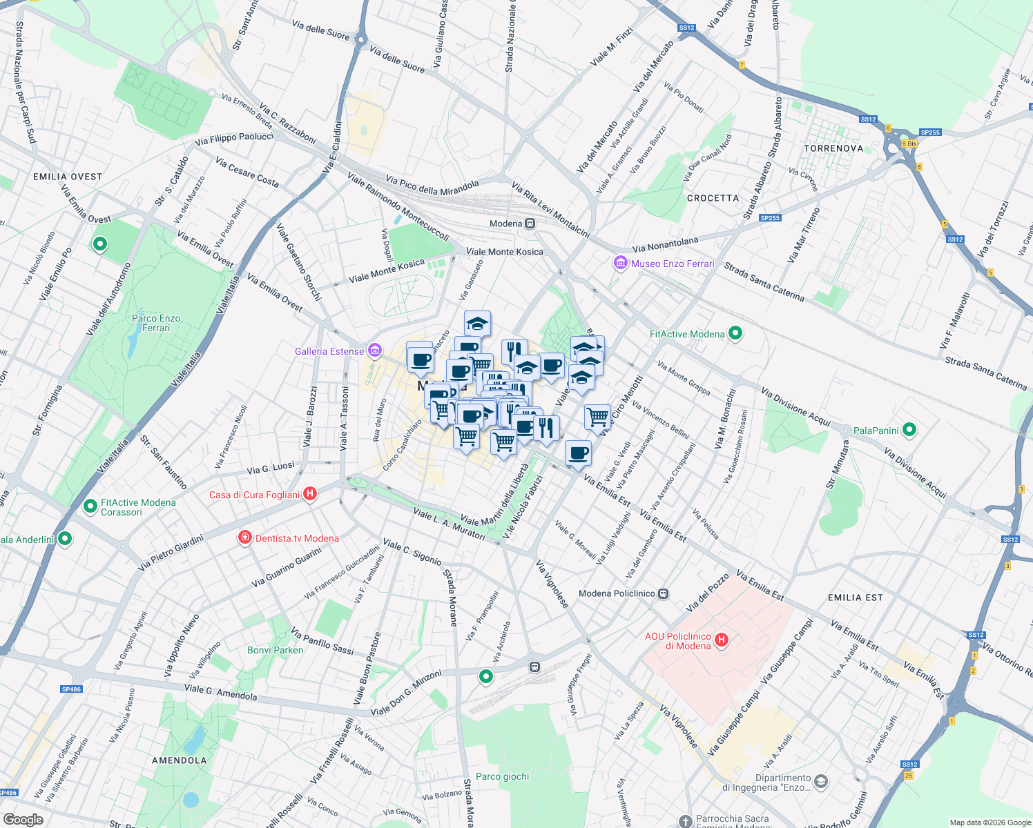 map of restaurants, bars, coffee shops, grocery stores, and more near 43 Via Carmelitane Scalze in Modena