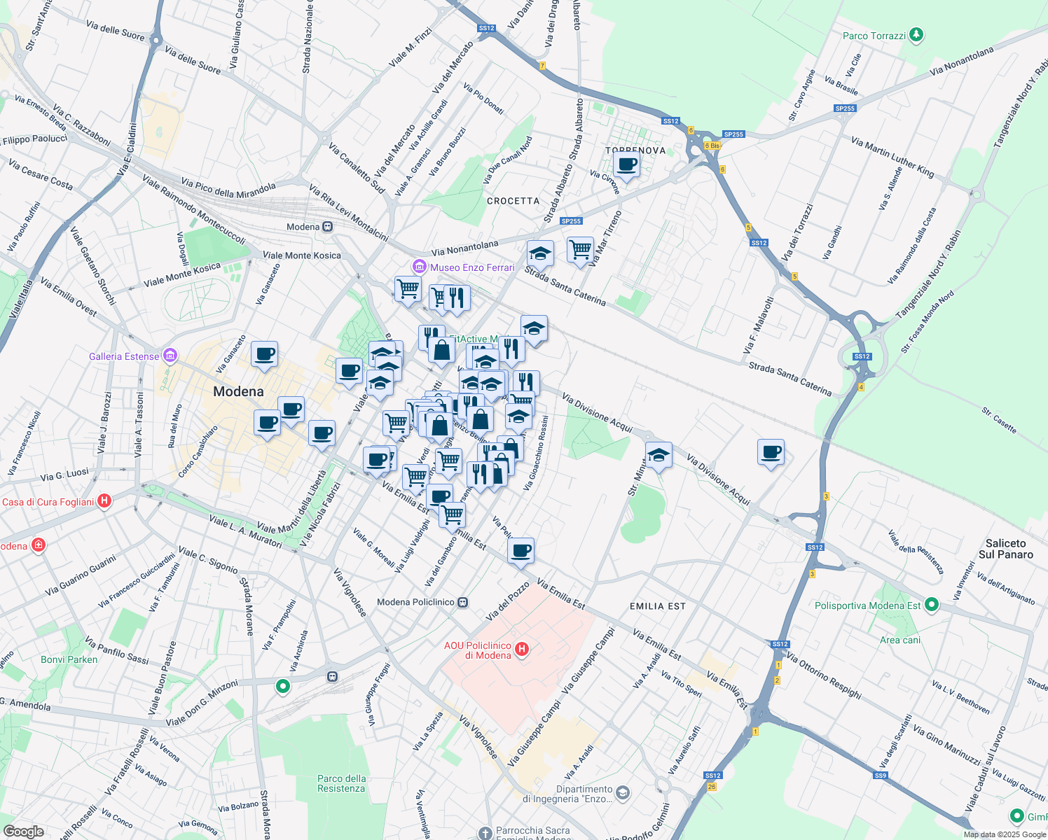 map of restaurants, bars, coffee shops, grocery stores, and more near 251 Via M. Bonacini in Modena