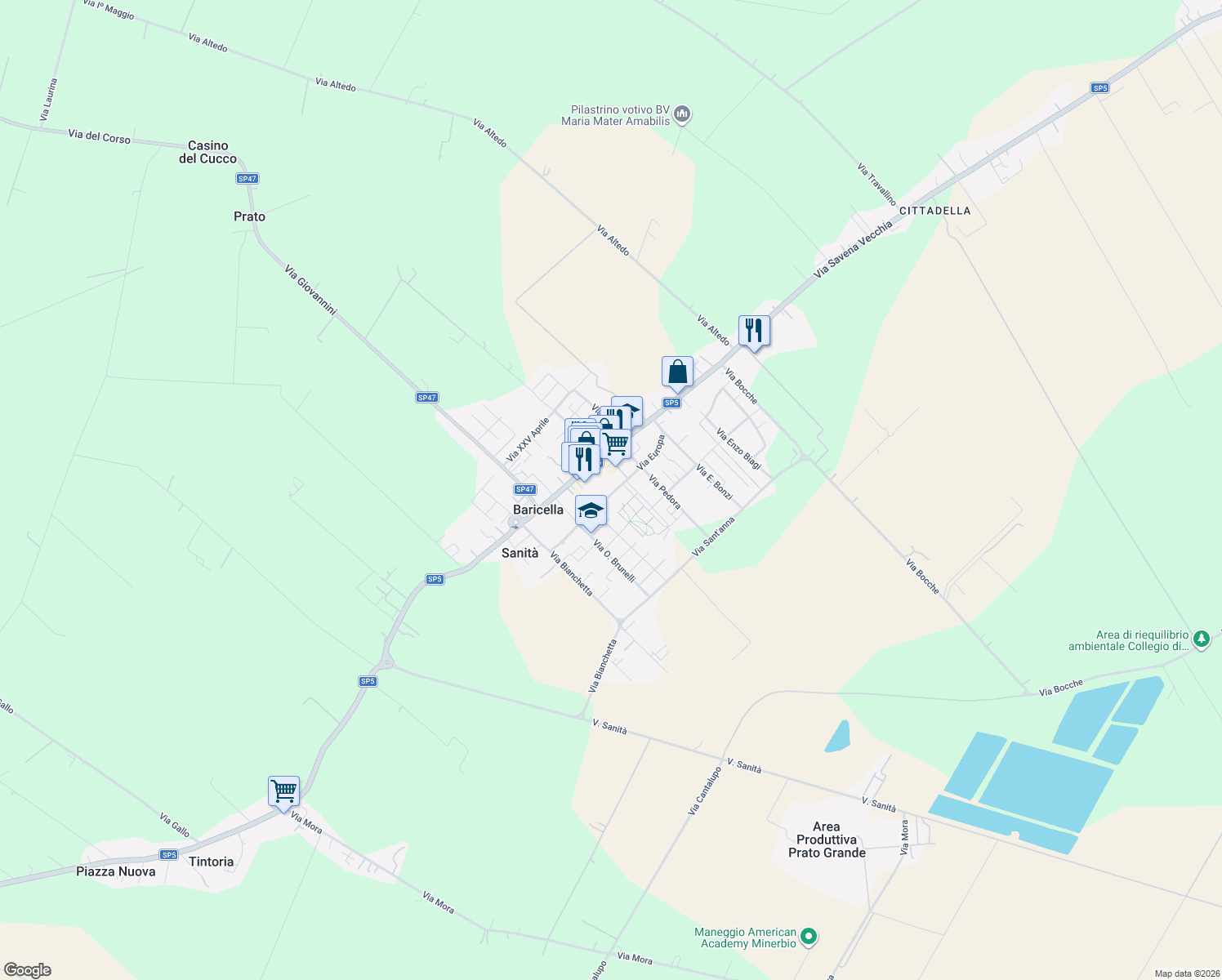 map of restaurants, bars, coffee shops, grocery stores, and more near 15 Via Europa in Baricella